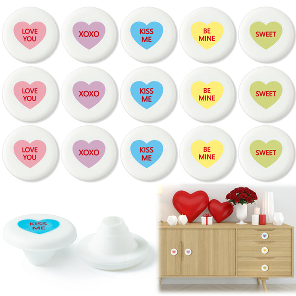 QIMGIC Valentines Cabinet Knobs Covers - 15pcs Valentine’s Day Cabinet Handle Covers Decorative, Sweet Conversation Heart Silicone Drawer Door Dresser Closet Pull Knob for Home Office Kitchen Bedroom