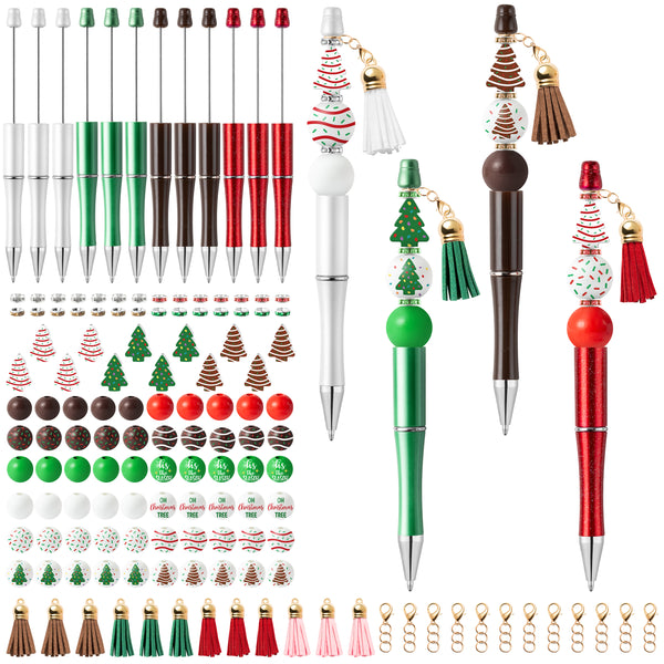 Qimgic Christmas Beadable Pens Kits - 12 Set Xmas DIY Ballpoint Pens Making with Beads Craft for Kids, Christmas Party Tree Cake Beaded Pen Bulk Charm Crafting Supplies for Winter School Students Gift