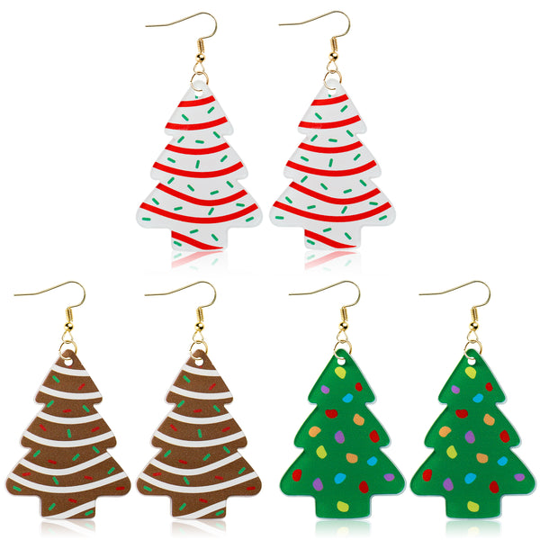 Qimgic Christmas Tree Cake Earrings - Xmas Tree Earrings Dangle for Women, Christmas Jewelry Funky Acrylic Charms, Holiday Funny Dangling Drop Accessories Bulk for Stocking Stuffers Fun Gift (3 Pairs)
