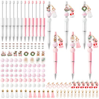 Qimgic Christmas Beadable Pens Kit - 12 Set Xmas DIY Ballpoint Pen Making with Bead Craft for Kids, Christmas Party Vintage Pink Beaded Pen Bulk Charm Crafting Supplies for Winter School Students Gift