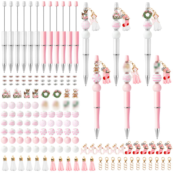 Qimgic Christmas Beadable Pens Kit - 12 Set Xmas DIY Ballpoint Pen Making with Bead Craft for Kids, Christmas Party Vintage Pink Beaded Pen Bulk Charm Crafting Supplies for Winter School Students Gift