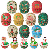 Qimgic Christmas Mini Cupcake Liners - 300pcs Xmas Small Muffin Wrappers and 300pcs Topper, Merry Christmas Cupcake Baking Cups Paper, Candy Cake Wrap Making Supplies for Xmas Eve Party (10 Styles)