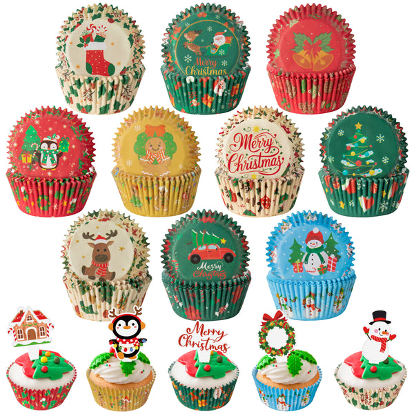 Qimgic Christmas Mini Cupcake Liners - 300pcs Xmas Small Muffin Wrappers and 300pcs Topper, Merry Christmas Cupcake Baking Cups Paper, Candy Cake Wrap Making Supplies for Xmas Eve Party (10 Styles)