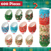 Qimgic Christmas Mini Cupcake Liners - 600pcs Merry Christmas Candy Baking Cups Muffin Cupcake Wrappers, Xmas Tree Santa Claus Snowman Chocolate Cake Wrap Making Supplies for Xmas Eve Party(10 Styles)