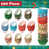 Qimgic Christmas Mini Cupcake Liners - 600pcs Merry Christmas Candy Baking Cups Muffin Cupcake Wrappers, Xmas Tree Santa Claus Snowman Chocolate Cake Wrap Making Supplies for Xmas Eve Party(10 Styles)