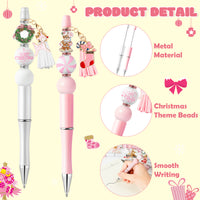 Qimgic Christmas Beadable Pens Kit - 12 Set Xmas DIY Ballpoint Pen Making with Bead Craft for Kids, Christmas Party Vintage Pink Beaded Pen Bulk Charm Crafting Supplies for Winter School Students Gift