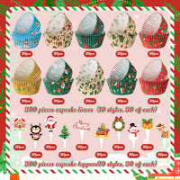Qimgic Christmas Mini Cupcake Liners - 300pcs Xmas Small Muffin Wrappers and 300pcs Topper, Merry Christmas Cupcake Baking Cups Paper, Candy Cake Wrap Making Supplies for Xmas Eve Party (10 Styles)
