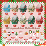 Qimgic Christmas Mini Cupcake Liners - 300pcs Xmas Small Muffin Wrappers and 300pcs Topper, Merry Christmas Cupcake Baking Cups Paper, Candy Cake Wrap Making Supplies for Xmas Eve Party (10 Styles)