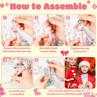 Qimgic Christmas Beadable Pens Kit - 12 Set Xmas DIY Ballpoint Pen Making with Bead Craft for Kids, Christmas Party Vintage Pink Beaded Pen Bulk Charm Crafting Supplies for Winter School Students Gift