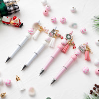 Qimgic Christmas Beadable Pens Kit - 12 Set Xmas DIY Ballpoint Pen Making with Bead Craft for Kids, Christmas Party Vintage Pink Beaded Pen Bulk Charm Crafting Supplies for Winter School Students Gift
