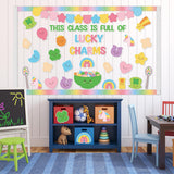 Qimgic St. Patrick's Day Bulletin Board - 118pcs Lucky Charms Cutout with Banner Decor Set, Shamrock Rainbow Clover Chalkboard Classroom Wall School Accents Ideas Kits for Irish Day Party Supplies