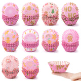 QIMGIC Christmas Mini Cupcake Liners - 600pcs Merry Christmas Candy Baking Cups Small Muffin Cupcake Wrappers, Pink Gingerbread Chocolate Cake Wrap Making Supplies for Xmas Eve Party(10 Styles)