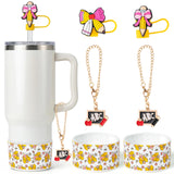 QIMGIC Back to School Cup Accessories - 6pcs Teacher Water Bottle Boot with Straw Cover & Handle Charm Compatible with 30 oz 40 oz Tumblers, Pencil Bow Silicone Boot Gifts for Girl Women Cup Decor