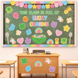 Qimgic St. Patrick's Day Bulletin Board - 118pcs Lucky Charms Cutout with Banner Decor Set, Shamrock Rainbow Clover Chalkboard Classroom Wall School Accents Ideas Kits for Irish Day Party Supplies