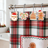 Qimgic Christmas Shower Curtain Hooks - 12pcs Santa Claus Gingerbread House Decorative Shower Decor Bathroom Accessories Set, Xmas Tree Rustproof Metal Curtains Rings for Festive Winter Holiday