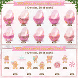 QIMGIC Christmas Mini Cupcake Liners - 300pcs Gingerbread Small Muffin Cake Baking Cups with 300pcs Cupcake Toppers, Pink Cake Chocolate Wrap Making Supplies for Xmas Eve Birthday (10 Styles)
