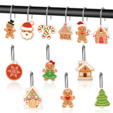 Qimgic Christmas Shower Curtain Hooks - 12pcs Santa Claus Gingerbread House Decorative Shower Decor Bathroom Accessories Set, Xmas Tree Rustproof Metal Curtains Rings for Festive Winter Holiday