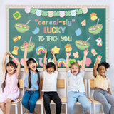 Qimgic St. Patrick's Day Bulletin Board - 137pcs Cereal-sly Lucky Charms Cutout with Banner Decor Set, Shamrock Rainbow Clover Chalkboard Classroom Wall Accents Ideas Kits for Irish Day Party Supplies