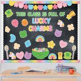 Qimgic St. Patrick's Day Bulletin Board - 118pcs Lucky Charms Cutout with Banner Decor Set, Shamrock Rainbow Clover Chalkboard Classroom Wall School Accents Ideas Kits for Irish Day Party Supplies