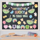 Qimgic St. Patrick's Day Bulletin Board - 137pcs Cereal-sly Lucky Charms Cutout with Banner Decor Set, Shamrock Rainbow Clover Chalkboard Classroom Wall Accents Ideas Kits for Irish Day Party Supplies