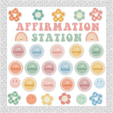 Qimgic Classroom Bulletin Board Decoration - 120pcs Boho Affirmation Station Motivational Cutout Borders Decor Set, Back to School Chalkboard Library Wall Accents Ideas Kits for Welcome Party Supplies